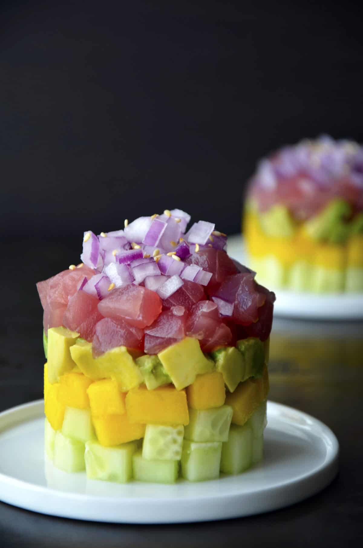 An Ahi tuna stack with cubed cucumber, mango and avocado all topped with diced red onion.